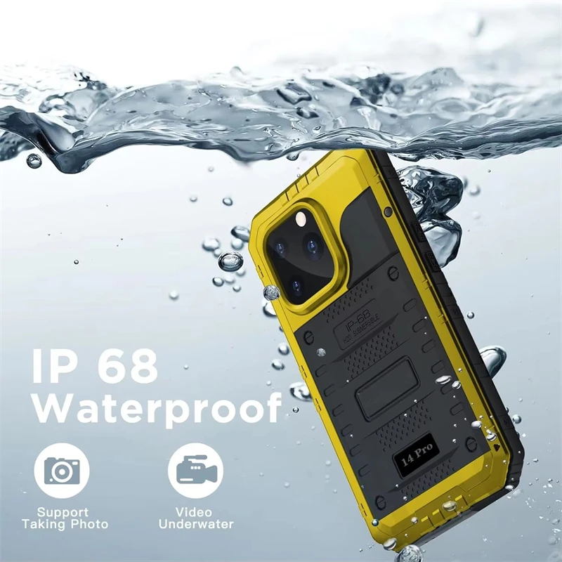 

For iPhone 16 pro 15 14 13 12 11 Pro Max X XR 8 7 Plus IP68 Waterproof Rugged Metal Armor Case Shockproof Cover Screen Protector