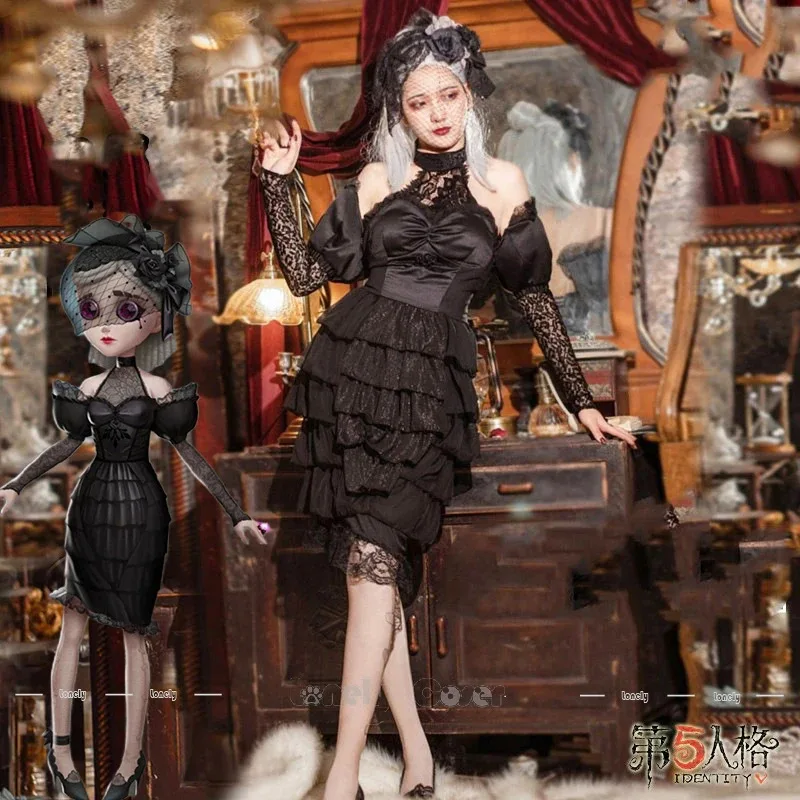 Peluca de disfraz de perfumista Identity V, Afección Fatal, Vera Nair Blace, vestido de encaje, pajarita, conjunto completo de medias, Carnaval para mujer y niña