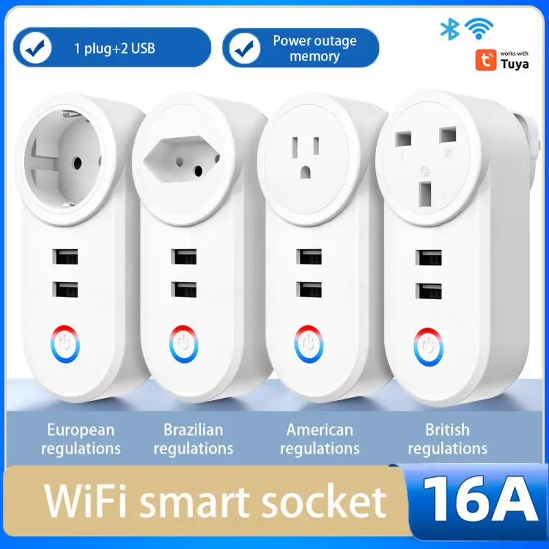 

16A Tuya Wifi Smart Socket With 2 USB Charging Outlet Adapter EU US UK Brazil Plug Smart Life Control via Alexa Assistant