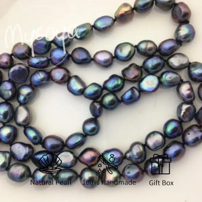 

MYSOYA Black Color Baroque Freshwater Pearl Long Necklace 8-9mm With Gift Box For Her/Him Birthday/Wedding/Christmas/New Year