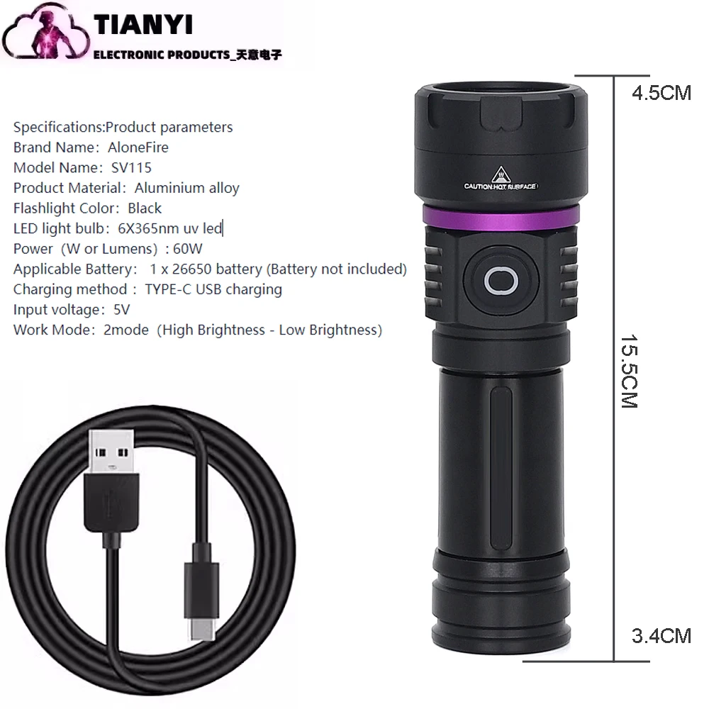 Lanterna UV 6LED TYPE-C 26650 bateria carregando lanterna UV lanterna de liga de alumínio de alta potência
