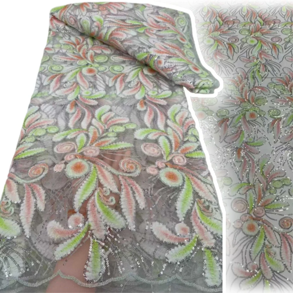 

2025 Высококачественная кружевная ткань для африканских 5 ярдов, сетчатое французское тюлевое кружево с блестками, нигерийская ткань для женских платьев SZ1661