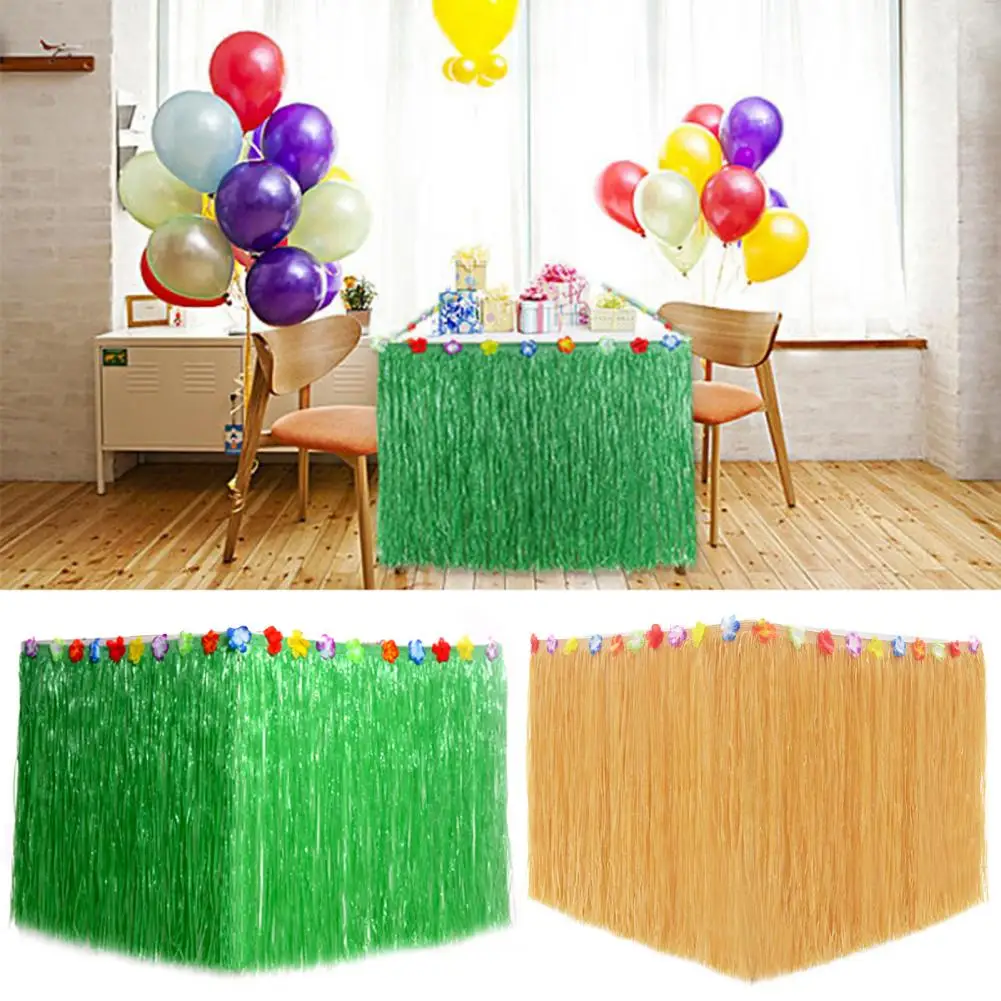 275*60cm Table Skirt Hawaiian Party Table Decor Waterproof Tropical Luau Party Colorful Flower Grass Tassels Decor Party Supply