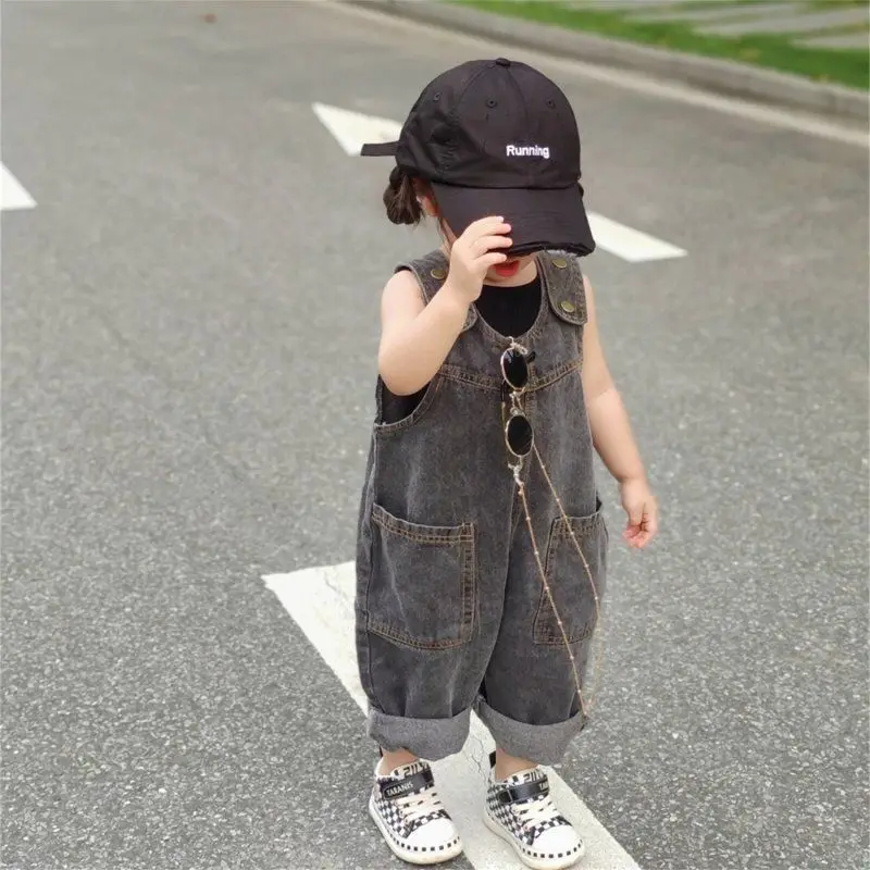 2-9Y Children's Jeans Pants Korean Spring Summer New 2026 Girls Boys Grey Retro Soft Denim Overall Baby Kid Cute Big PP Jumpsuit