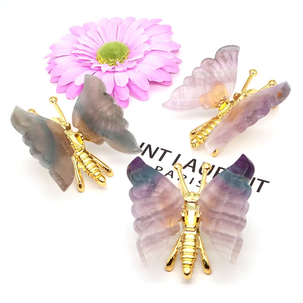 Natural Stone Fluorite Butterfly Statue Healing Crystal Animal Sculpture Carved Crafts Energy Mineral Gemstones Home Decor Gifts