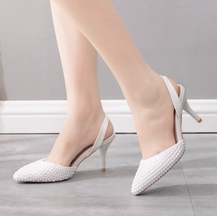 Sandalias puntiagudas de boca poco profunda de 7cm, Sandalias de tacón fino con perlas blancas, zapatos de boda con perlas doradas, zapatos de perlas para boda 33-43