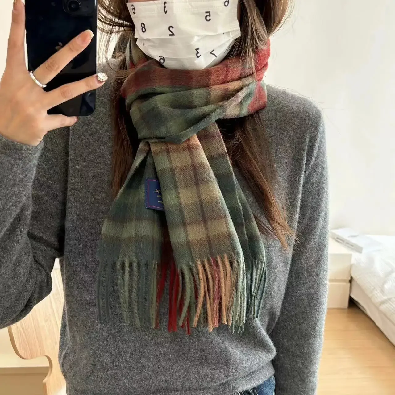 100% wool versatile plaid scarf for women and men in winter, warm cashmere double-sided scarf for couples