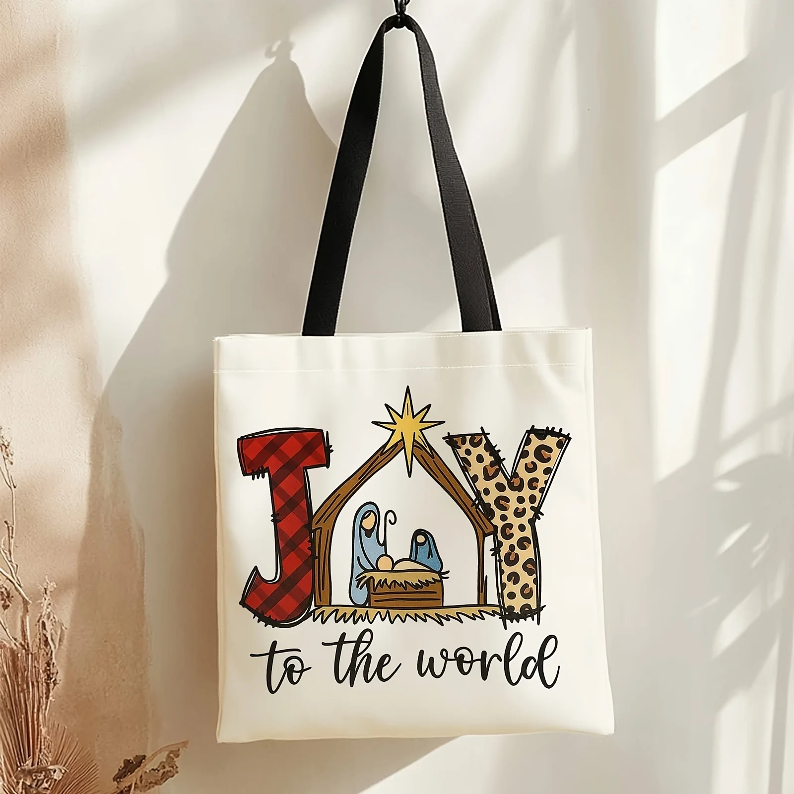 Leopard Print Large Capacity Women's Tote Bag Christmas JOY Nativity Buffalo Plaid Design with Mary Jesus Durable Tote