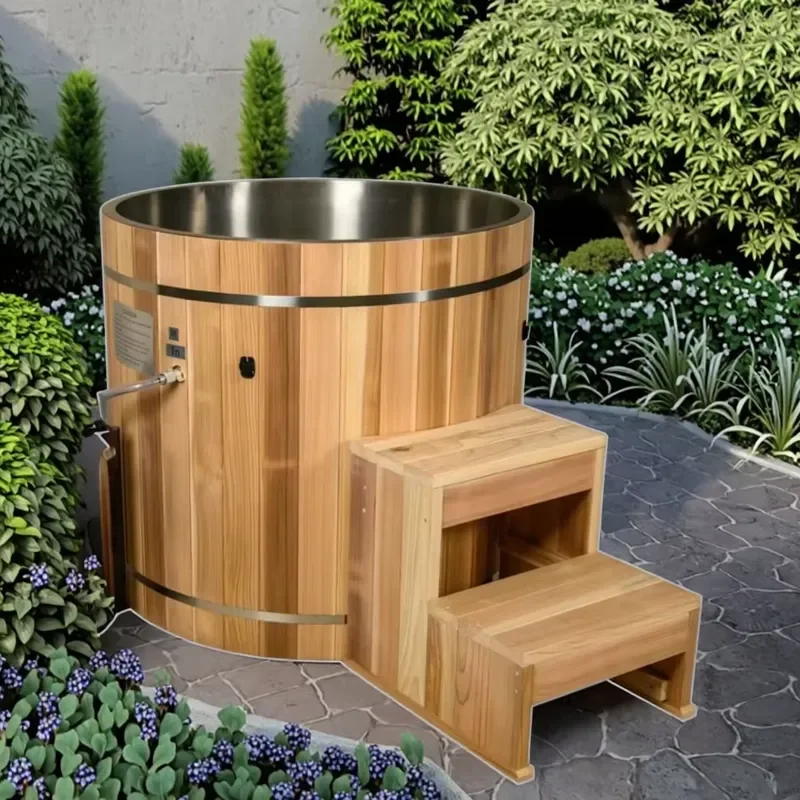Solid Wood Barrel Ice Bath Tub 1-Person Free-Standing for Home Modern & Traditional Design Soaking for Bathroom Garden Hotel