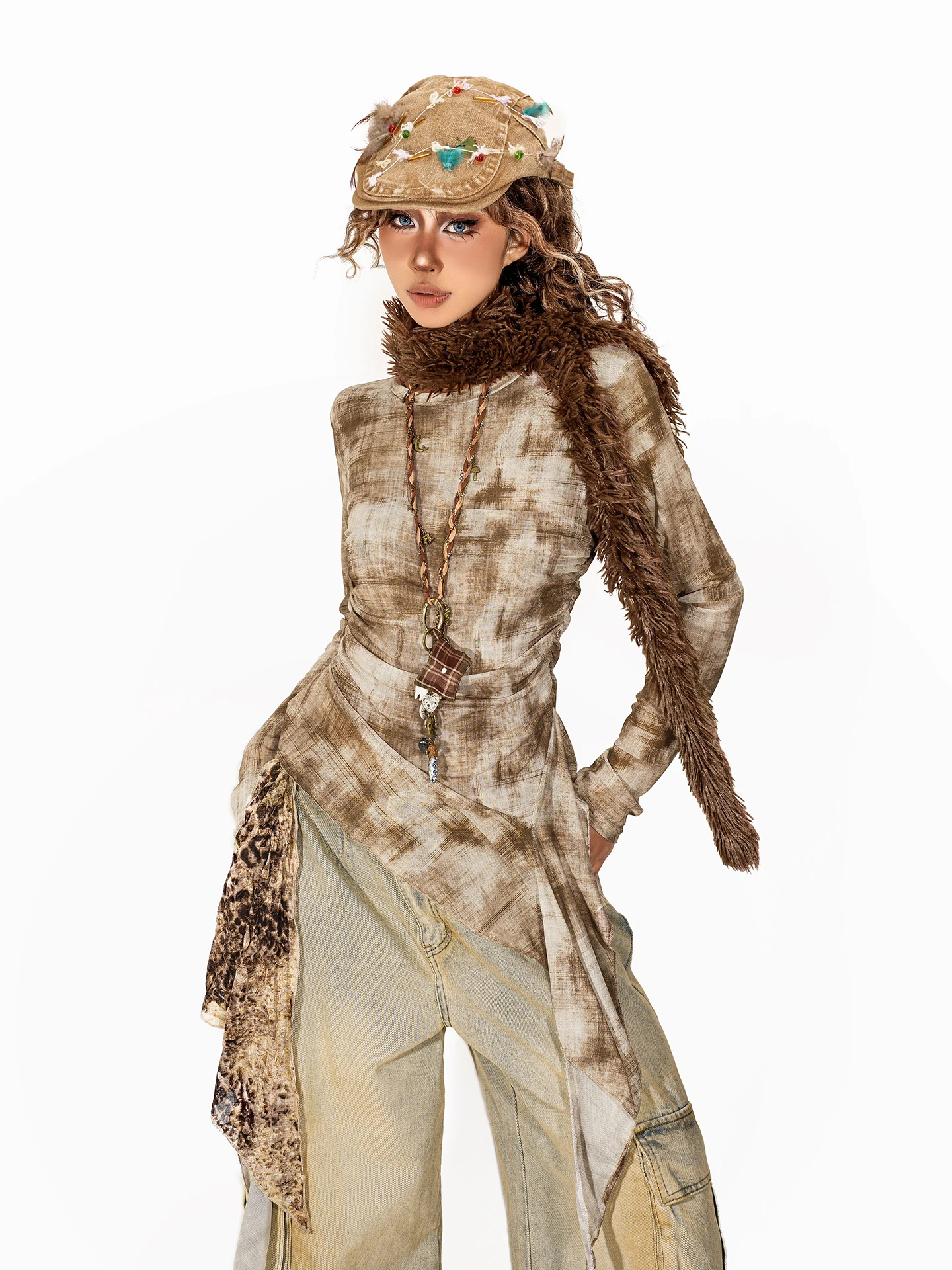 

Ink American Retro Tie Dye Asymmetrical T irt Женская винтажная кружевная отделка Sexy Net irt Sve Длинный круглый топ