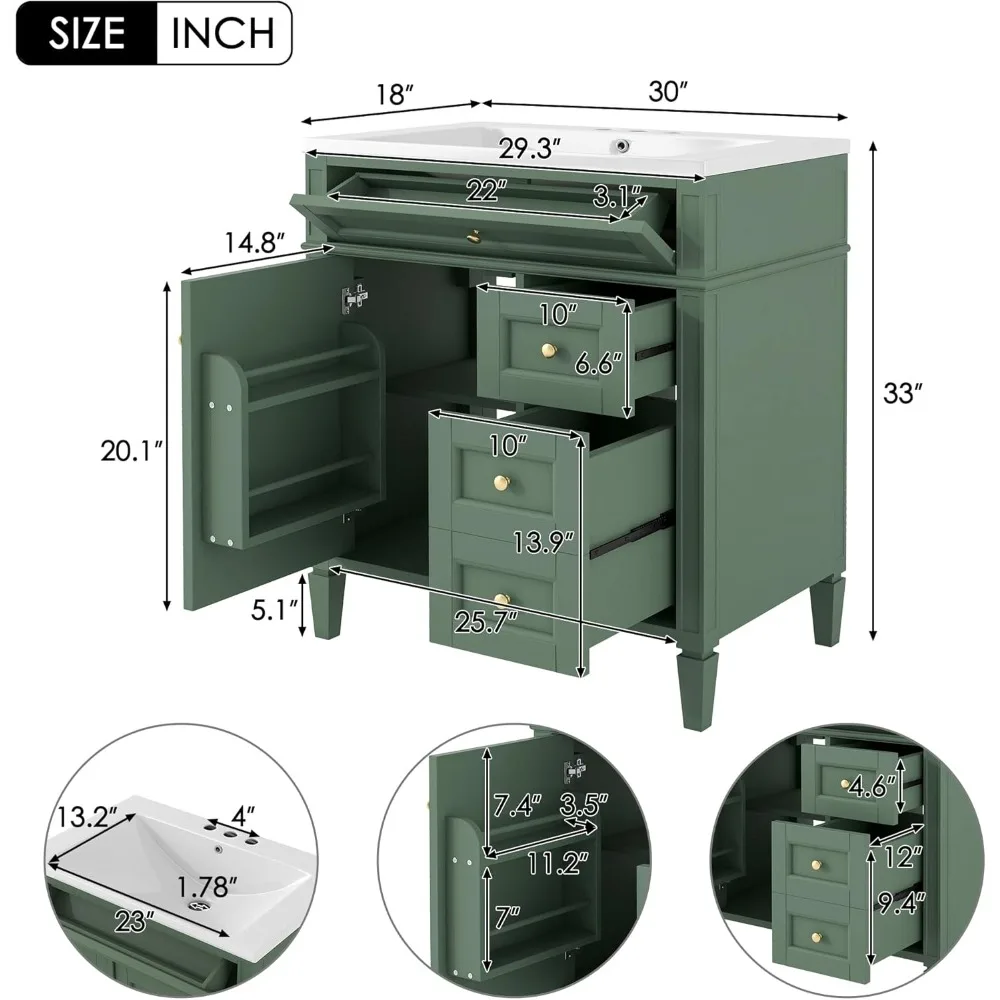 30" Bathroom Vanity with Sink, Modern Single Sink Bathroom Storage Cabinet with 1 Door, 2 Drawers & Tip-Out Drawer, Solid Wood