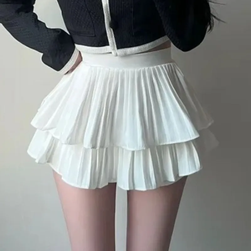 Falda acampanada blanca Gourmet elegante de verano, falda acampanada de cintura alta, falda plisada con pastel, falda coreana de tela de poliéster