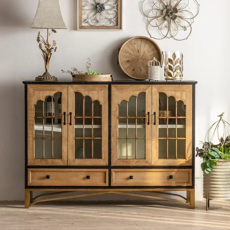 

N Solid Wood Double-Door Bookcases Floor Arch Glass Door Wine Cabinet Wall Clothes Closet French Display Cabinet