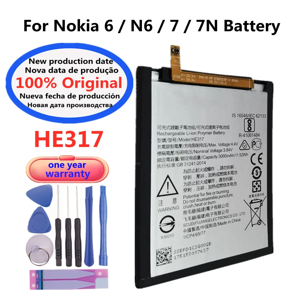 3000mAh HE317 Original Battery For Nokia 6 Nokia6 N6 / Nokia 7 Nokia7 N7 TA-1039 TA-1000 TA-1003 TA-1021 TA-1025 TA-1033 Phone