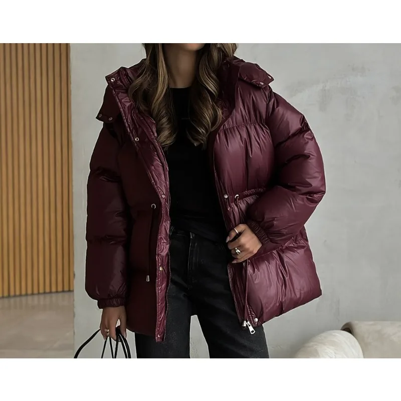 Cappotto Parker corto con cappuccio da donna per il tempo libero con coulisse in vita caldo solido tasca con cerniera invernale maniche lunghe 2025 Cappotto Parker 26 venduto