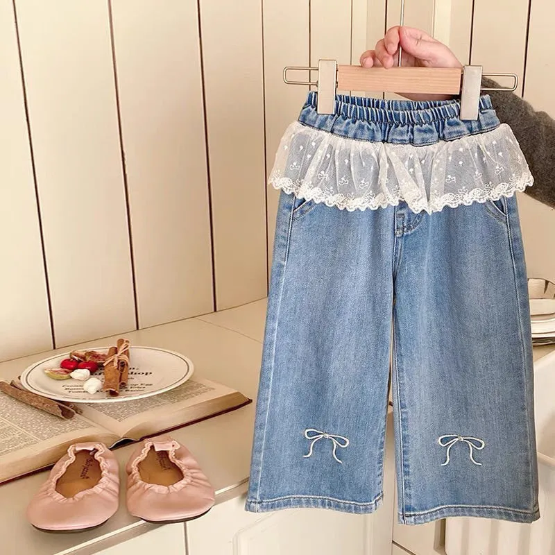 

Girls Wide Leg Jeans Spring Autumn Children's Bow Lace Casual Trousers New Style Kids' Pants Fashion leg pants