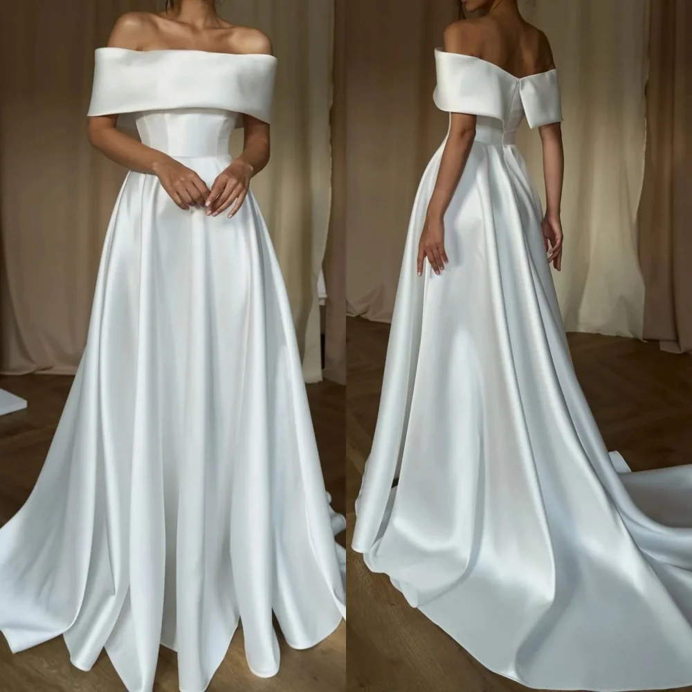 

Customized Charmeuse Pleat Off-the-shoulder A-line Long Dresses Bespoke Occasion Simple Evening Gown Woman Elegant Party Wedding