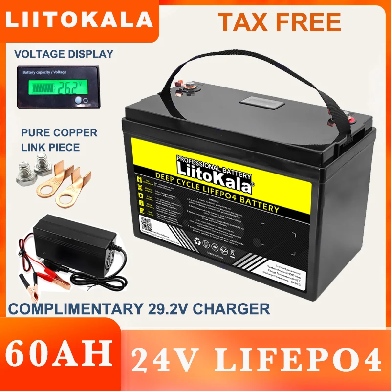 LiitoKala 24V 100Ah 60Ah 32Ah 8 strings LiFePO4 Battery packa for Boat Inverter Car lighter Batteries 29.2V Charger duty-free