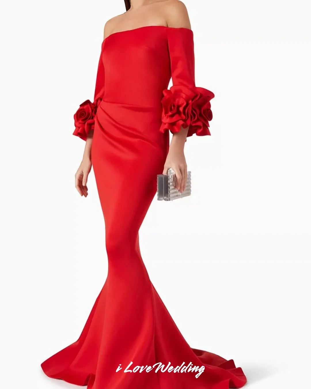 Red Strapless Evening Dress 2025 Satin Off Shoulder 3/4 Sleeves Flower Mermaid Floor-Length Sweep Train Pleated Dress Customized