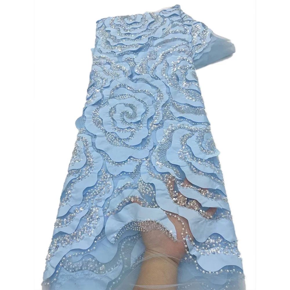 White African Luxury Tulle Lace Fabric 5 yards 2025 New High Quality Nigerian Sequins Beads Tulle Lace Fabric For Sew Wedding