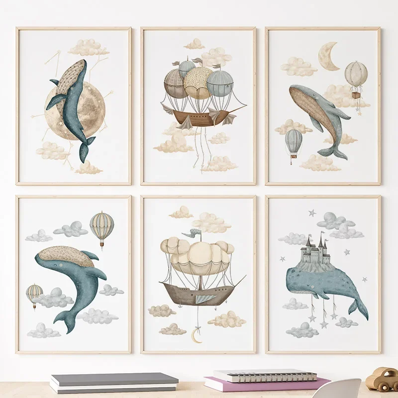 1PC Frameless Watercolour Whale Ship Castle Balloon Nordic Nursery Wall Art Posters Art Prints Canvas Painting  Pictures Baby Ki
