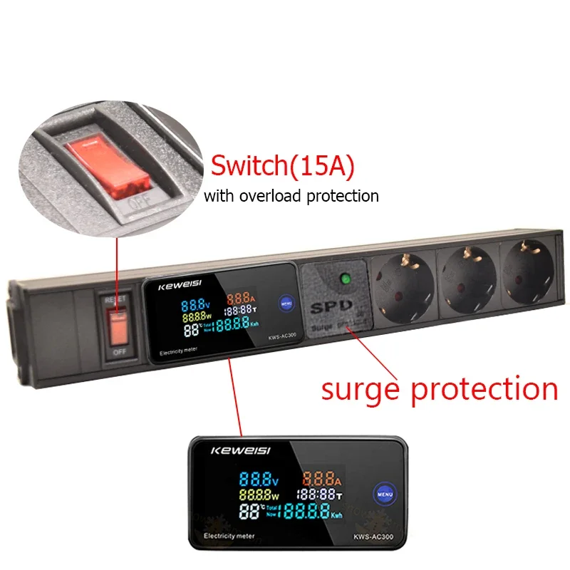 Power Strip 2/3/4/5/6/7/8/9 European Socket Surge Protection With Switch Digital Ampermeter Power Energy Voltmeter Ammeter