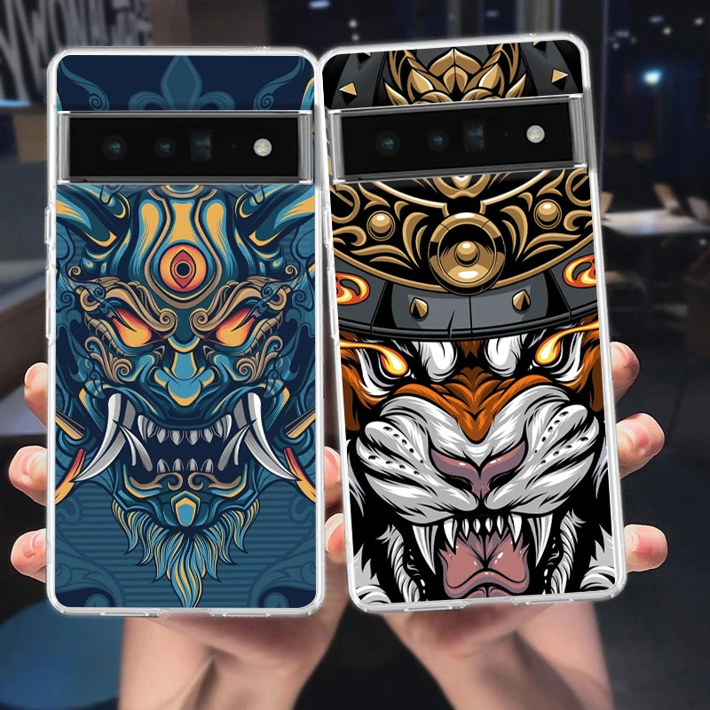 Japan Samurai Oni Mask Phone Case Cover for Google Pixel 9 8 7 6 5 4 4XL Silicone 7A 6A 5A 4A 3A Pro XL 5G Transparent Shell Bag