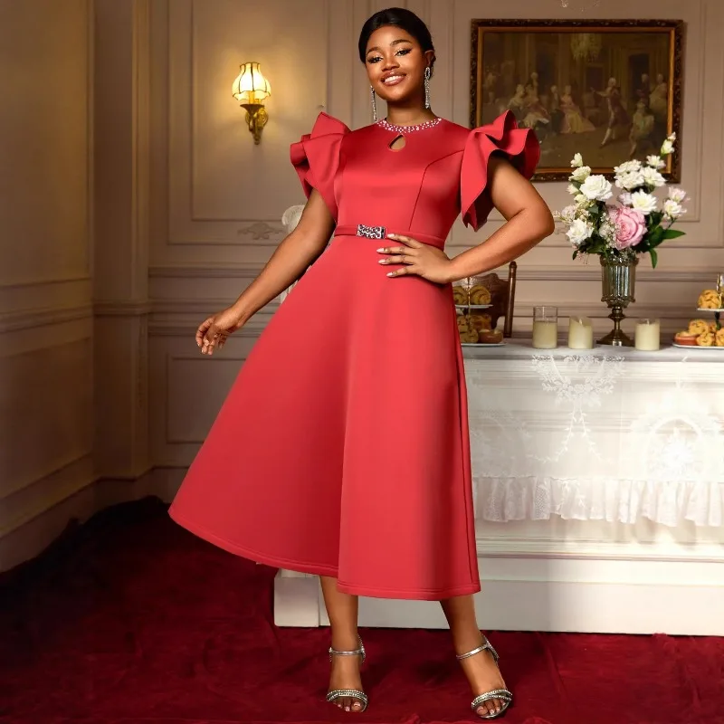

Женская обувь больших размеров, осенние африканские туфли с коротким рукавом и круглым вырезом из красного полиэстера, вечерние вечерние платья миди Dashiki, африканская одежда