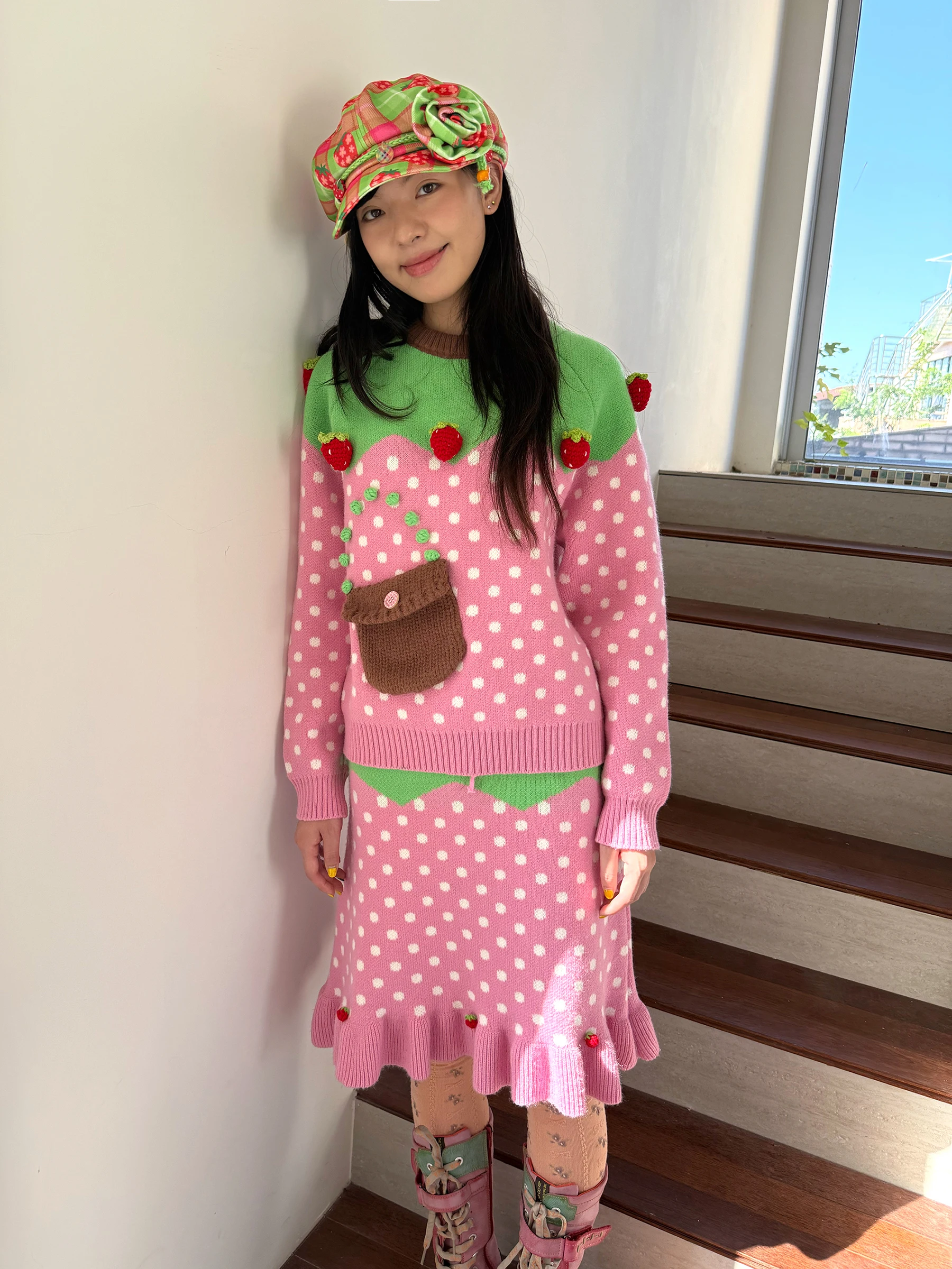 

Original FRUITS Stberry Polka Dot ket Fun Sweater Top Sweet Sle Loose Fit Long Sve round Ne Warm Thermal Women's...