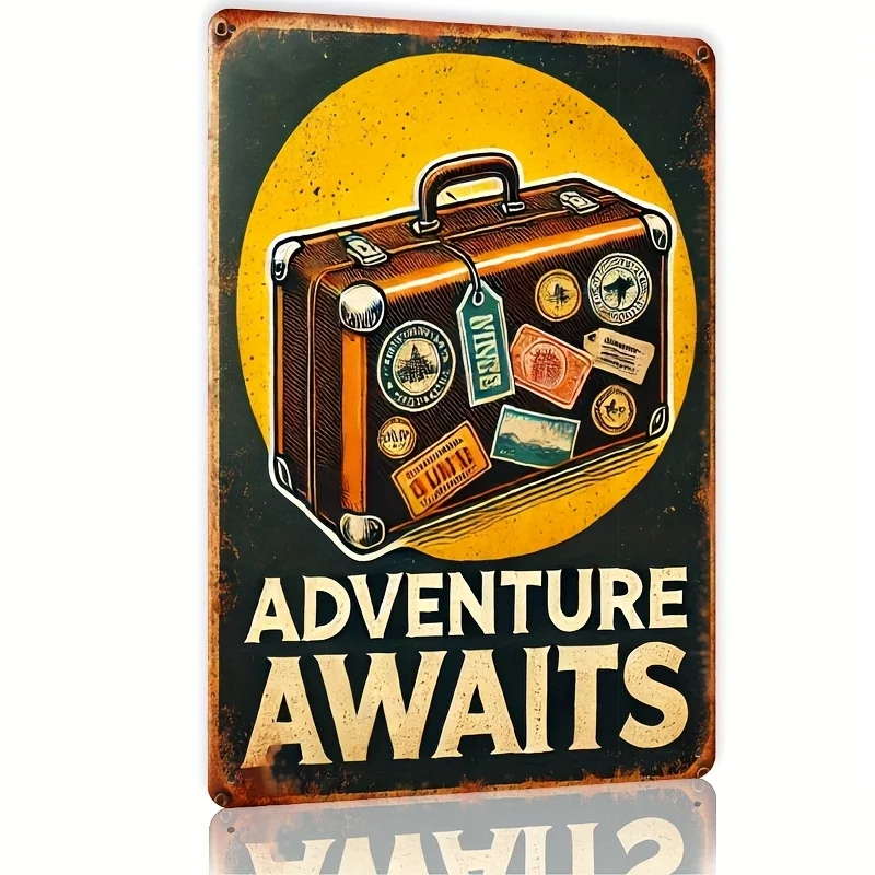 Vintage Adventure Awaits Metal Wall Sign –  Retro Travel Poster with Suitcase & Compass Design, Rustic Iron Decor for Home, Offi