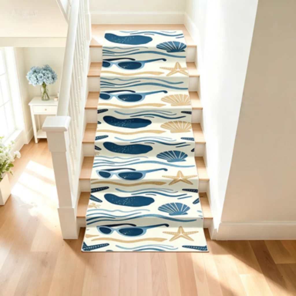Summer Beach Ocean Lemon Tropical Leaf Self-adhesive Long Stair Runner Mat,Non-slip Quiet Cuttable Washable Stair Step Protector