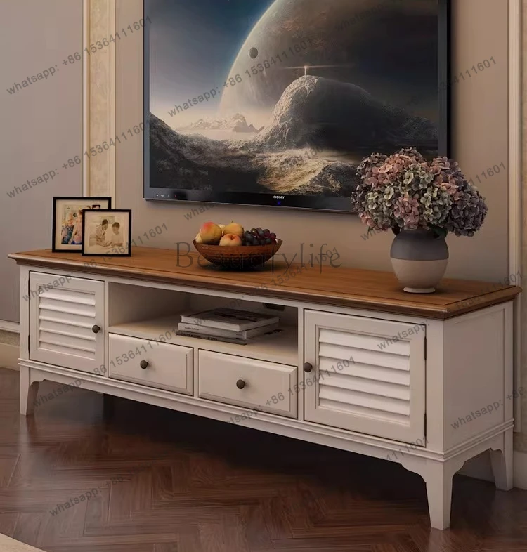 Mediterranean solid wood TV cabinet American light luxury pastoral style furniture floor
