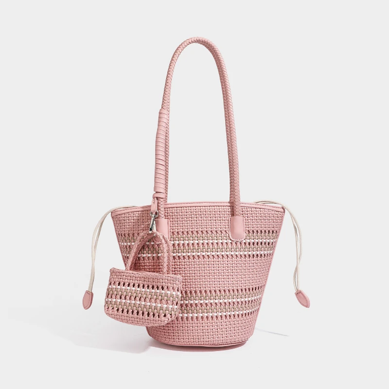 Rattan-Geflecht-Marktkorb-Schultertasche mit passender Geldbörse, handgefertigte gewebte Einkaufstasche für Damen, elegante Tragetasche – Detail 20