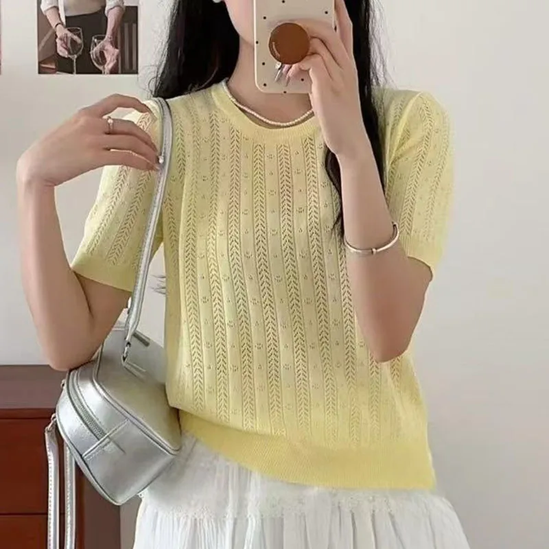 Shintimes Kurzarm Gestrickte T-shirt Für Frauen O Neck Solid Pullover Tops Weibliche Aushöhlen Mode Dünne T-shirts Sommer