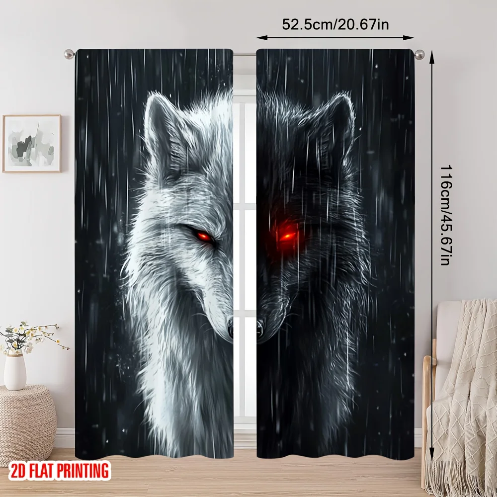 2D Flat - Set of 2 Stylish Printed Curtains Featuring Dual Wolf Designs, Ideal for Living Rooms, Workspaces, And Family Areas