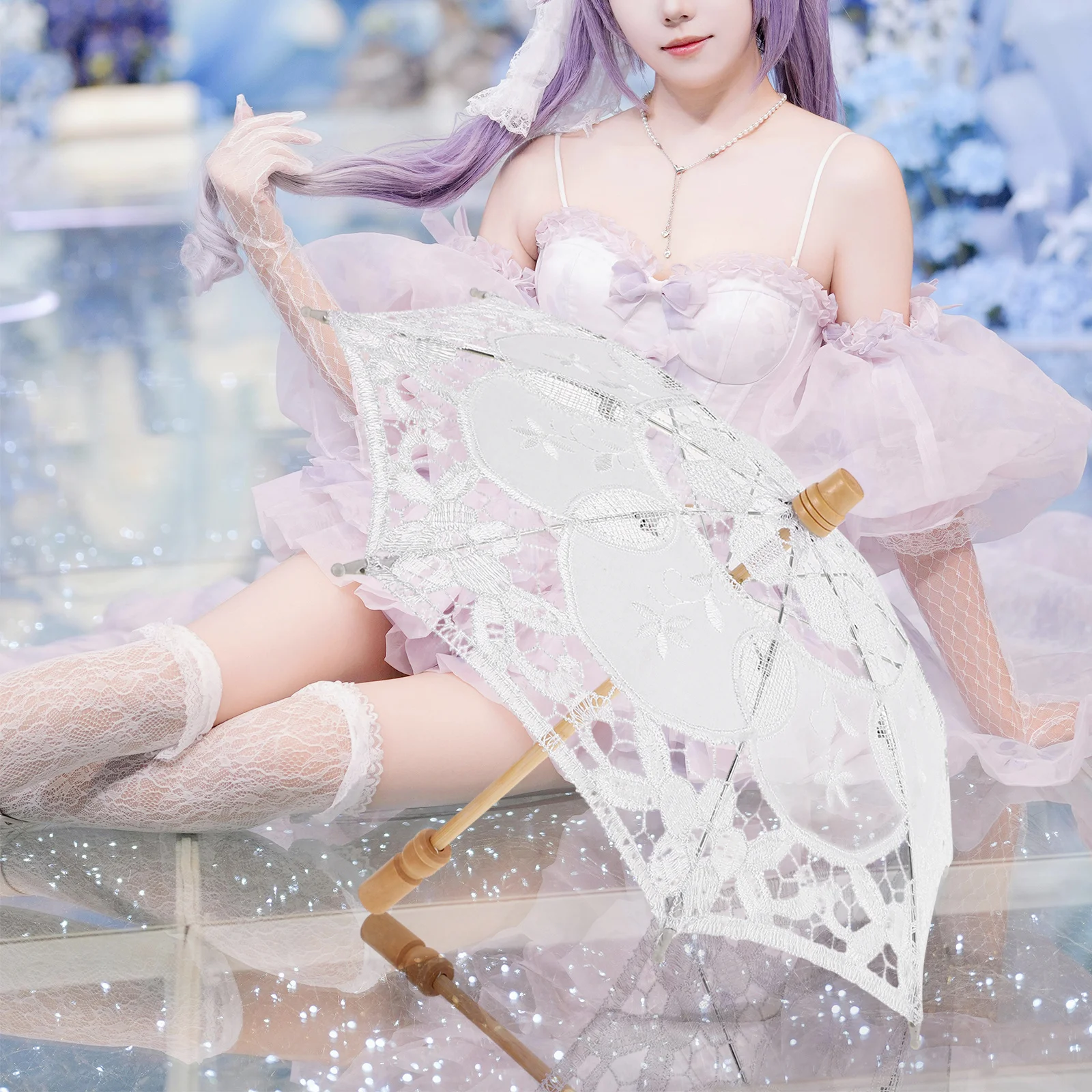 Parasol ślubny w stylu vintage z białej koronki, parasolka z kwiatowym haftem, rekwizyty fotograficzne, dekoracja na przyjęcie herbaciane, elegancki, romantyczny.