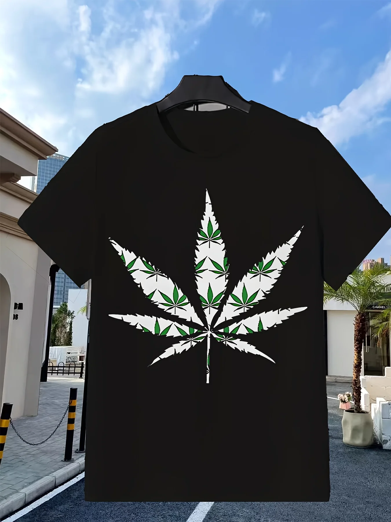Men's 420 Leaf Pattern Soft and Breathable Vintage Casual Short-Sleeve T-Shirt, Round Neck with Printed Design, Suitable for Daily Commuting and Outdoor Activities, Machine Washable