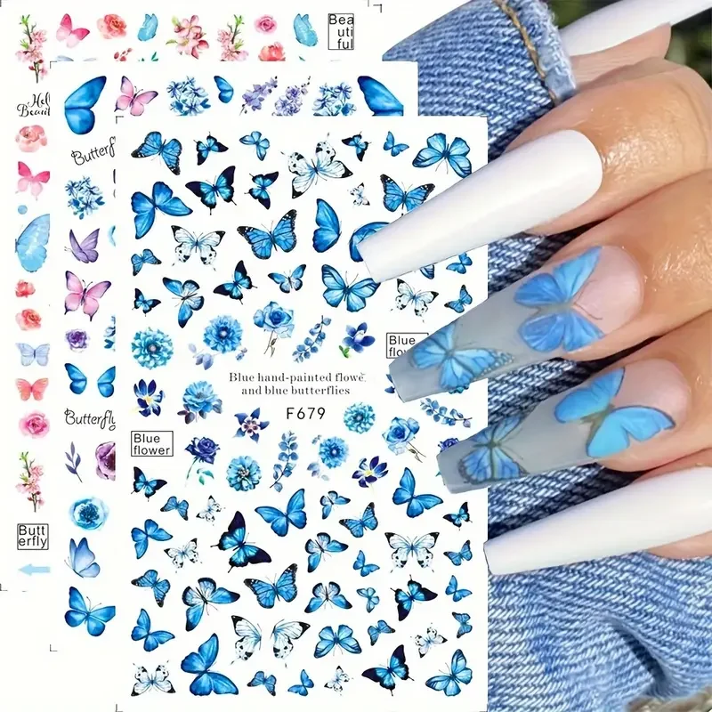 6pcs Spring Butterfly Design Nail Art Stickers, Self Adhesive Spring Flower Design Nail Art Decals For Nail Art Decoration