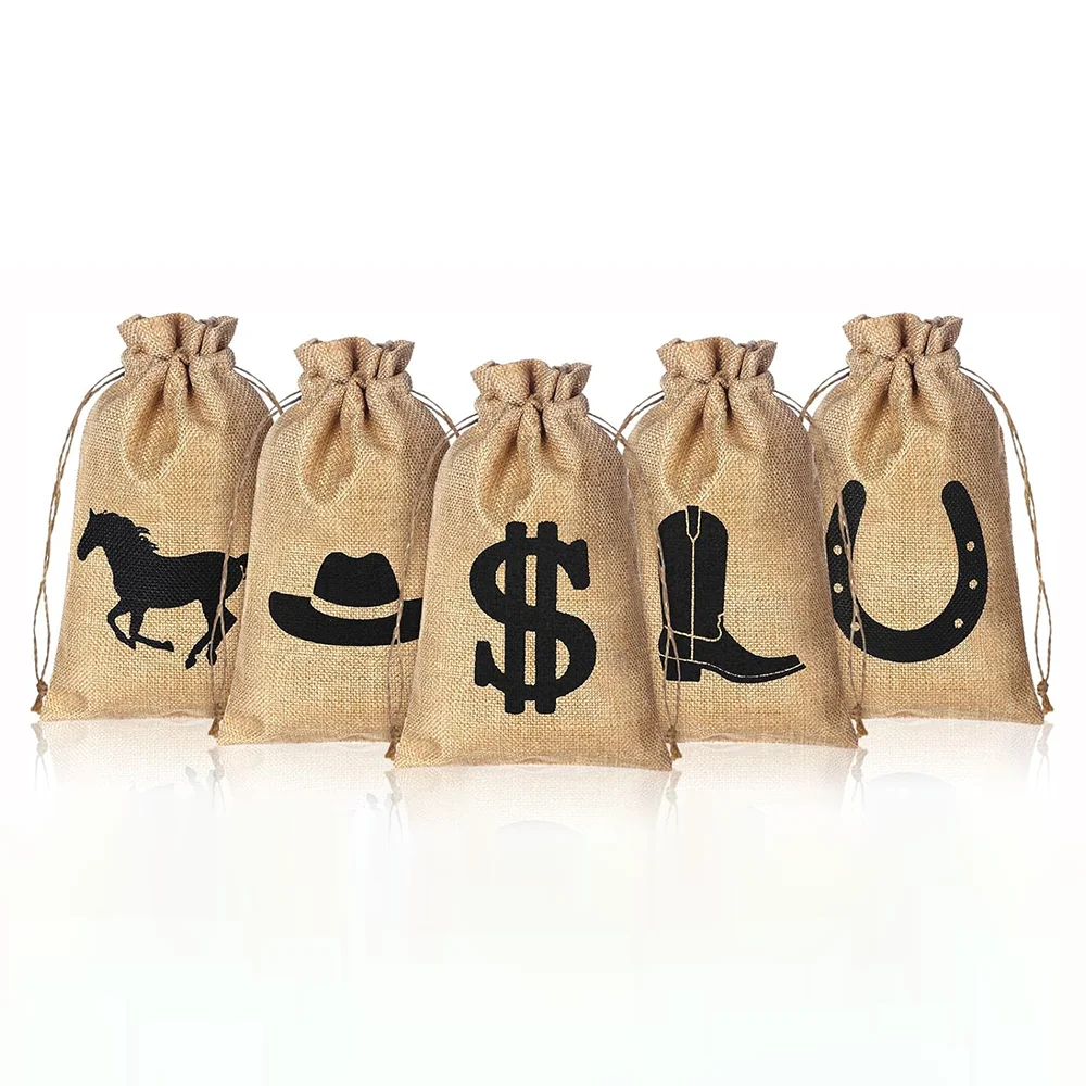 

5Pcs Western Cowboy Birthday Party Favors Bags with Drawstring Horseshoe Cowboy Boot Cowboy Hat Dollar Pattern Birthday Gift Bag