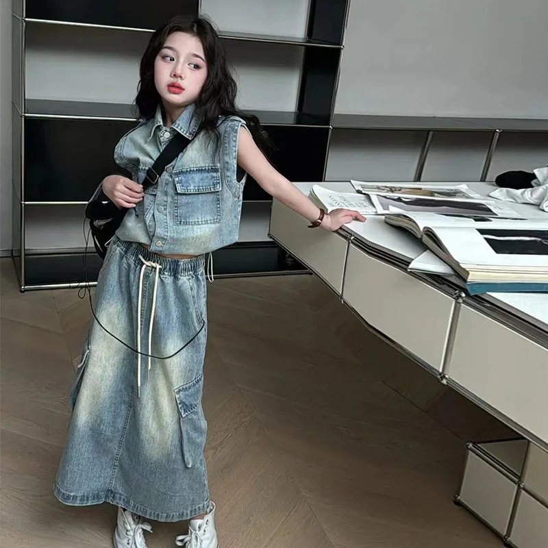 Sommer Mädchen Kleidung Set Denim kurze Tops Rock Outfits für Kinder blau Mode lässig zwei Stück 2024 neue Teen Kinder Kostüme