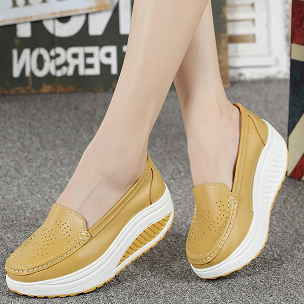 Fashion Women White Breathable Summer Sneakers Slip on Nurse Swing Work Single Shoes Spring Platform Wedges Leather Thick Bottom