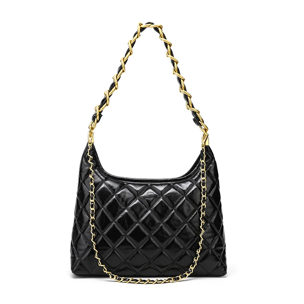 Autumn and winter new retro oil wax cowhide small fragrant style wilting grid thick chain hobo armpit bag high-end single should