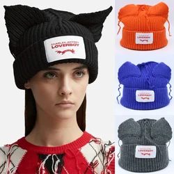 2024 Winter cat Ear Knit Hat Solid Warm Pig Ear Woolen Hat Cute Fashion Hooded Cap Niche Designer Hip-hop Personality Cold Hat