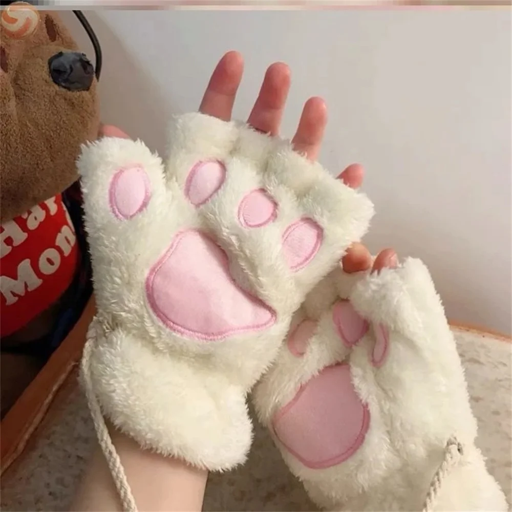 Women Cartoon Cat Claw Gloves Thickened Plush Lovely Style Bear Paw Exposed Fingers Half Winter Mittens Warm Girls Gift Gloves