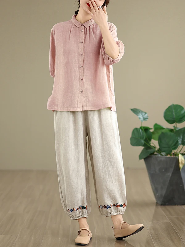 Faionable coton lin ensemble ort Sve boutonné brodé Harlan pantalon ample décontracté deux pièces ensemble âge 25-35 vêtements d'été