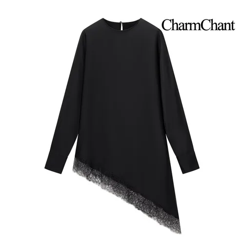 Imagen 1 del producto CharmChant camisa de manga larga de encaje asimétrico de satén negro para mujer Y2k Harajuku moda elegante camisa sin mangas blusa femenina