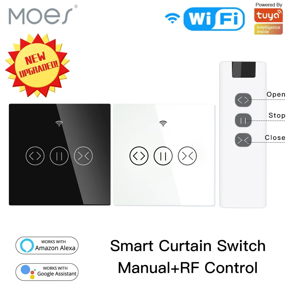 EU Smart WiFi Curtain Switch, RF Remote, Tuya/Smart Life App Control, Works with Alexa & Google Home, Touch Switch Blinds Roller