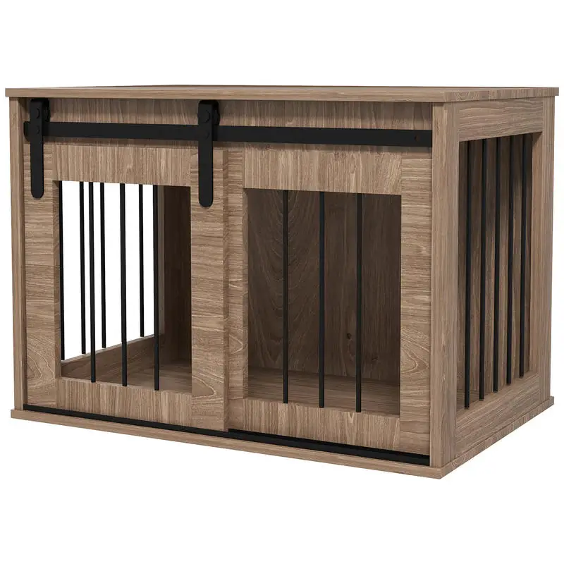 Cage/chenil d'intérieur pour animaux de compagnie avec porte coulissante, aspect métal et bois, dimensions 57H x 80L x 54W cm