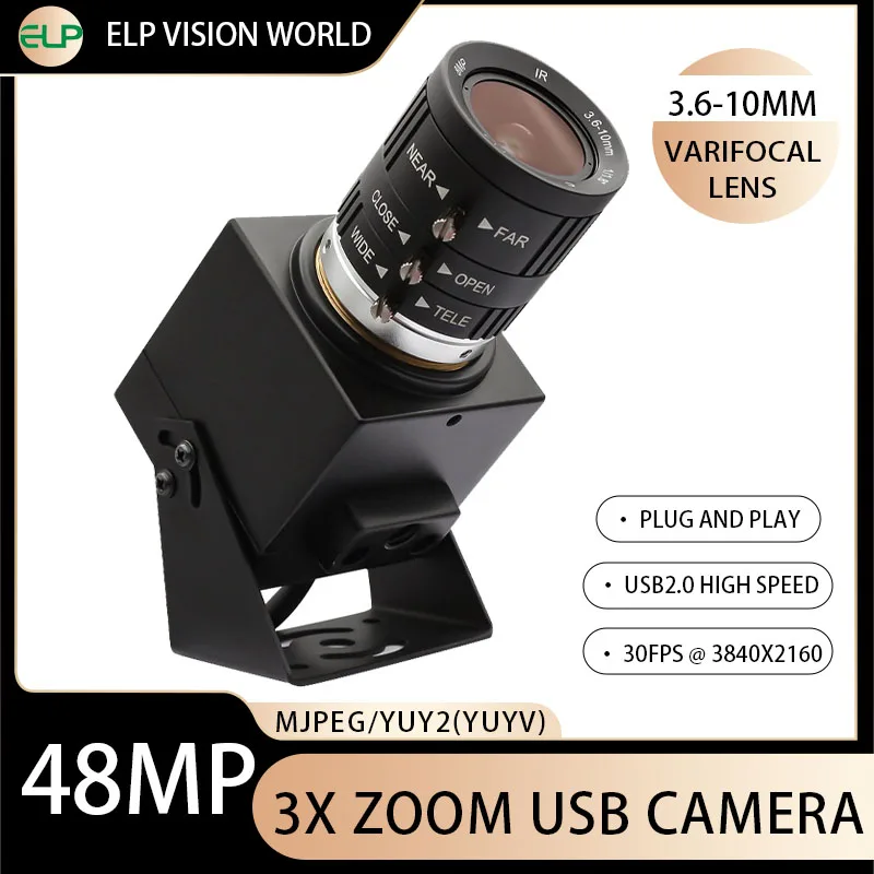 

ELP Zoom 48MP USB Camera With 3.6-10mm Varifocal Lens Free Driver Plug Play Industrial PC Webcam For Window,Linux,Android,Mac