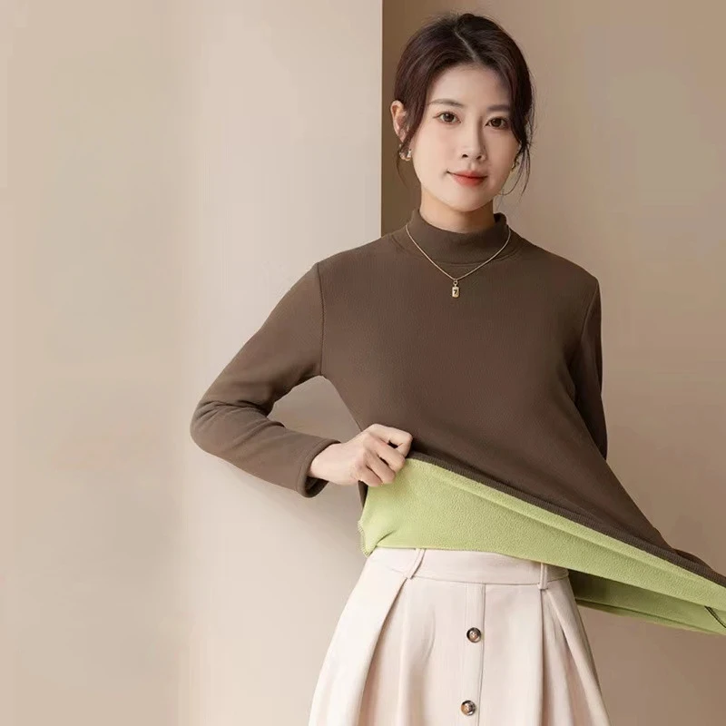 Thermal Underwear Women Plus Velvet Thickening Women Winter Turtleneck High Elastic Slim-fit Bottom Shirt Long-Sleeved Pullover